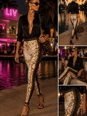 Rinascimento Black Leggings with Gold Baroque Trim